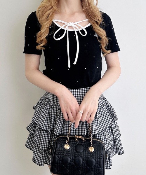 INGNI(イング)の「配色パイピングリボンラインストーン飛ばしリブトップス(Tシャツ/カットソー・レディース・ピンク系7/ブラック×ホワイト/ホワイト×ブラック・M)」の21枚目の写真