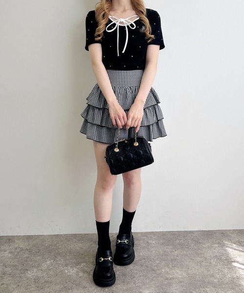INGNI(イング)の「配色パイピングリボンラインストーン飛ばしリブトップス(Tシャツ/カットソー・レディース・ピンク系7/ブラック×ホワイト/ホワイト×ブラック・M)」の7枚目の写真