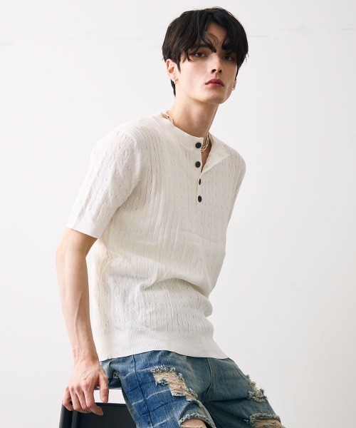 Collared henley knit polo / カラードヘンリーネックニットカットソー