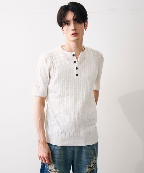 Shoowtime（ショウタイム）の「Collared henley knit polo / カラードヘンリーネックニットカットソー（Tシャツ/カットソー・メンズ・ブラック/ホワイト・MEDIUM/LARGE/X-LARGE）」の4枚目の写真