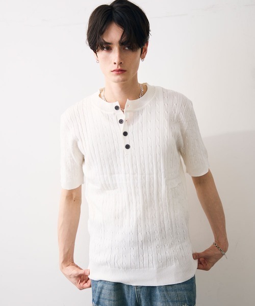 Shoowtime（ショウタイム）の「Collared henley knit polo / カラードヘンリーネックニットカットソー（Tシャツ/カットソー・メンズ・ブラック/ホワイト・MEDIUM/LARGE/X-LARGE）」の5枚目の写真