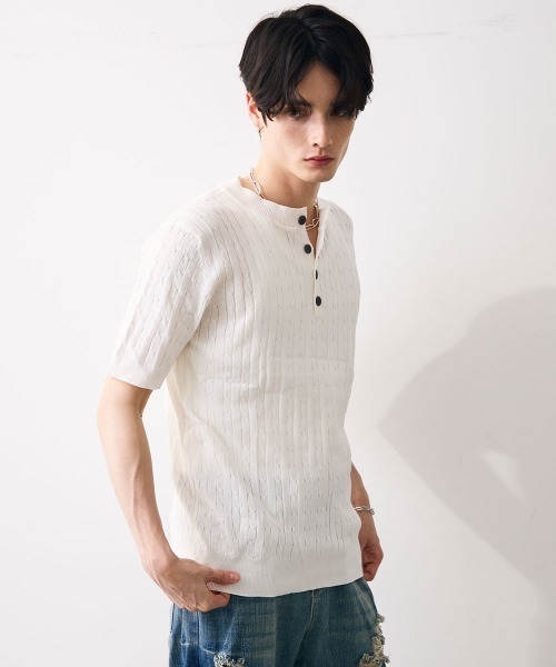 Shoowtime（ショウタイム）の「Collared henley knit polo / カラードヘンリーネックニットカットソー（Tシャツ/カットソー・メンズ・ブラック/ホワイト・MEDIUM/LARGE/X-LARGE）」の6枚目の写真