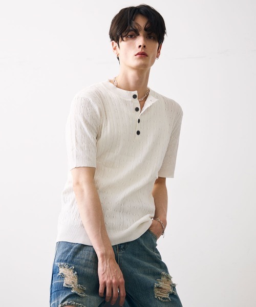 Shoowtime（ショウタイム）の「Collared henley knit polo / カラードヘンリーネックニットカットソー（Tシャツ/カットソー・メンズ・ブラック/ホワイト・MEDIUM/LARGE/X-LARGE）」の7枚目の写真