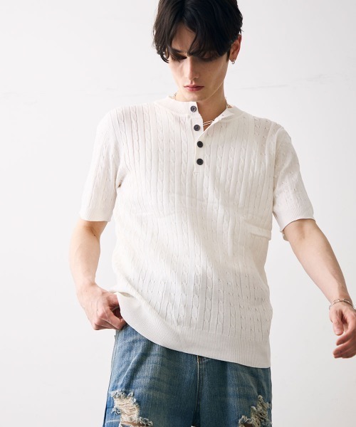 Shoowtime（ショウタイム）の「Collared henley knit polo / カラードヘンリーネックニットカットソー（Tシャツ/カットソー・メンズ・ブラック/ホワイト・MEDIUM/LARGE/X-LARGE）」の8枚目の写真