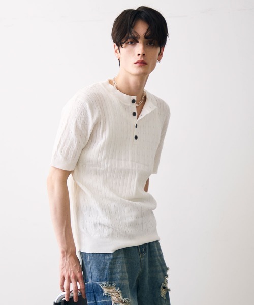 Shoowtime（ショウタイム）の「Collared henley knit polo / カラードヘンリーネックニットカットソー（Tシャツ/カットソー・メンズ・ブラック/ホワイト・MEDIUM/LARGE/X-LARGE）」の9枚目の写真