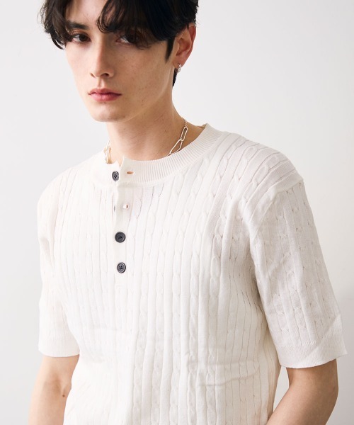 Shoowtime（ショウタイム）の「Collared henley knit polo / カラードヘンリーネックニットカットソー（Tシャツ/カットソー・メンズ・ブラック/ホワイト・MEDIUM/LARGE/X-LARGE）」の12枚目の写真