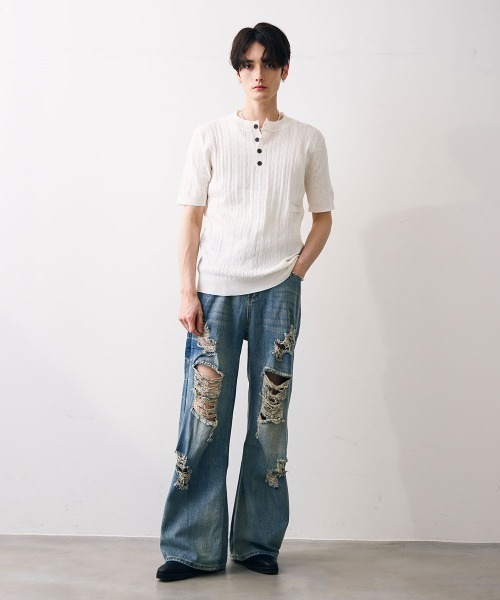 Shoowtime（ショウタイム）の「Collared henley knit polo / カラードヘンリーネックニットカットソー（Tシャツ/カットソー・メンズ・ブラック/ホワイト・MEDIUM/LARGE/X-LARGE）」の13枚目の写真