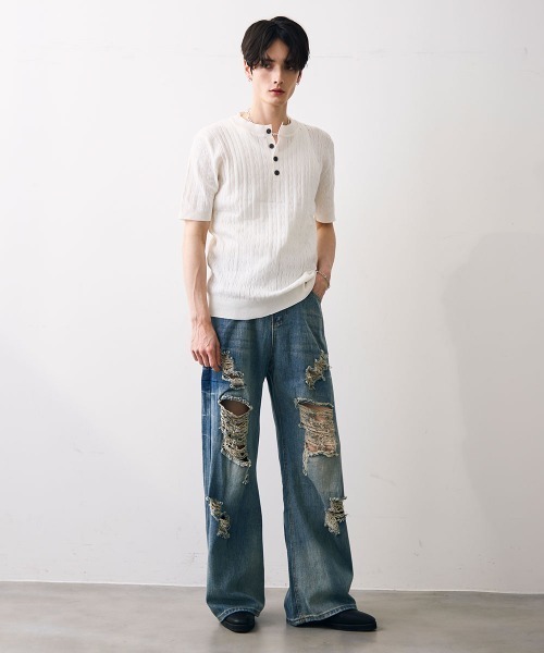Shoowtime（ショウタイム）の「Collared henley knit polo / カラードヘンリーネックニットカットソー（Tシャツ/カットソー・メンズ・ブラック/ホワイト・MEDIUM/LARGE/X-LARGE）」の14枚目の写真
