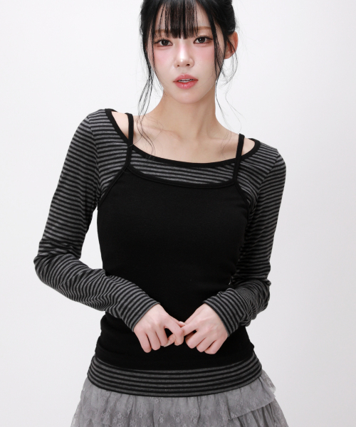 LIKE THE MOST(ライクザモースト)の「ストライプレイヤードノースリーブセットロングスリーブトップ_チャコール(Tシャツ/カットソー・レディース・チャコール・SMALL/MEDIUM/LARGE)」の2枚目の写真