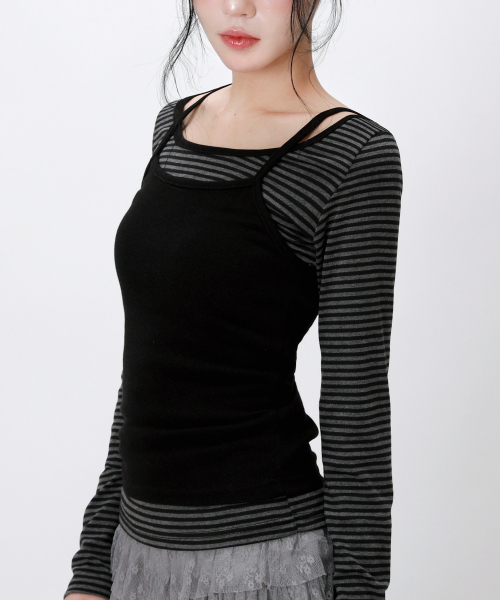 LIKE THE MOST(ライクザモースト)の「ストライプレイヤードノースリーブセットロングスリーブトップ_チャコール(Tシャツ/カットソー・レディース・チャコール・SMALL/MEDIUM/LARGE)」の3枚目の写真