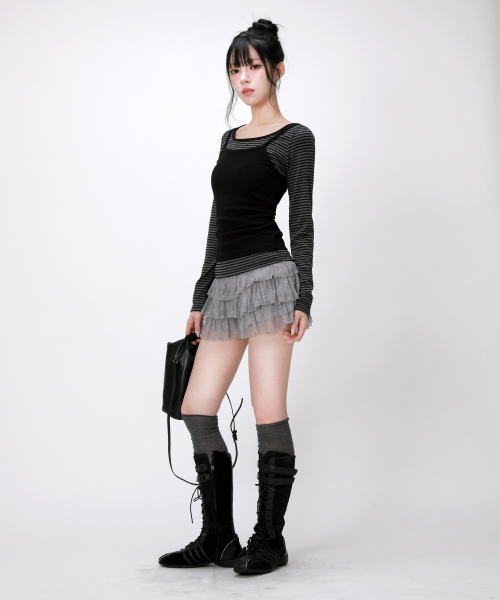LIKE THE MOST(ライクザモースト)の「ストライプレイヤードノースリーブセットロングスリーブトップ_チャコール(Tシャツ/カットソー・レディース・チャコール・SMALL/MEDIUM/LARGE)」の4枚目の写真