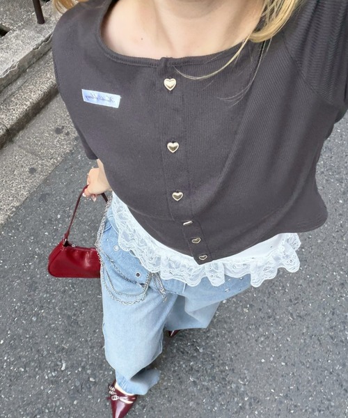 Another Branch olive des olive(アナザーブランチオリーブデオリーブ)の「【セットアイテム】半袖カーディガン+裾レースキャミ(Tシャツ/カットソー・レディース・ドット/スミクロ/ピンク/グレー・FREE)」の2枚目の写真