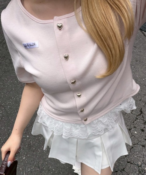 Another Branch olive des olive(アナザーブランチオリーブデオリーブ)の「【セットアイテム】半袖カーディガン+裾レースキャミ(Tシャツ/カットソー・レディース・ドット/スミクロ/ピンク/グレー・FREE)」の1枚目の写真