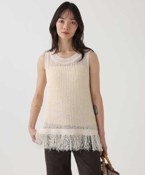 BABYLONE(バビロン)の「フリンジノースリーブニット(ニット/セーター・レディース・ネイビー/オフホワイト/オレンジ・フリー)」の7枚目の写真