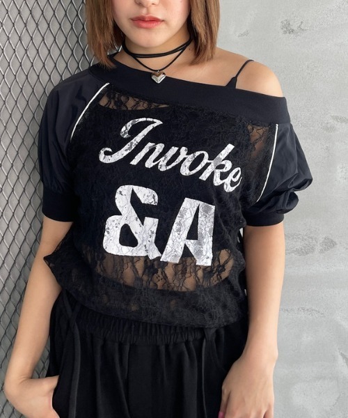 ROGER AND RAW(ロジャーアンドロウ)の「レースドッキングロゴオフショルトップス(Tシャツ/カットソー・レディース・ホワイト/ブラック・FREE)」の2枚目の写真