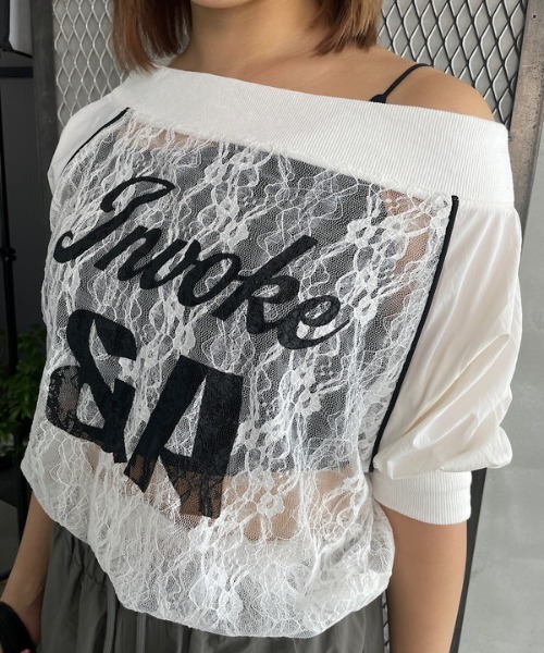 ROGER AND RAW(ロジャーアンドロウ)の「レースドッキングロゴオフショルトップス(Tシャツ/カットソー・レディース・ホワイト/ブラック・FREE)」の9枚目の写真