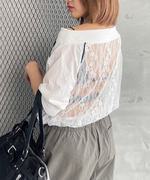 ROGER AND RAW(ロジャーアンドロウ)の「レースドッキングロゴオフショルトップス(Tシャツ/カットソー・レディース・ホワイト/ブラック・FREE)」の8枚目の写真