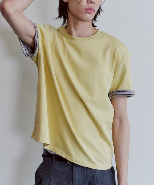 Waviness(ウェイビネス)の「【Waviness】Stripe Layered T-shirts / 【ウェイビニス】ストライプレイヤード半袖Tシャツ(Tシャツ/カットソー・メンズ・ホワイト/ブラック/グレー/ネイビー/イエロー・02/01)」の1枚目の写真