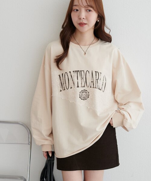 DISCOAT（ディスコート）の「【WEB限定】レースコンビ裏毛ロゴスウェット（Tシャツ/カットソー・レディース・チャコールグレー/ライトグレー/ベージュ・FREE）」の3枚目の写真