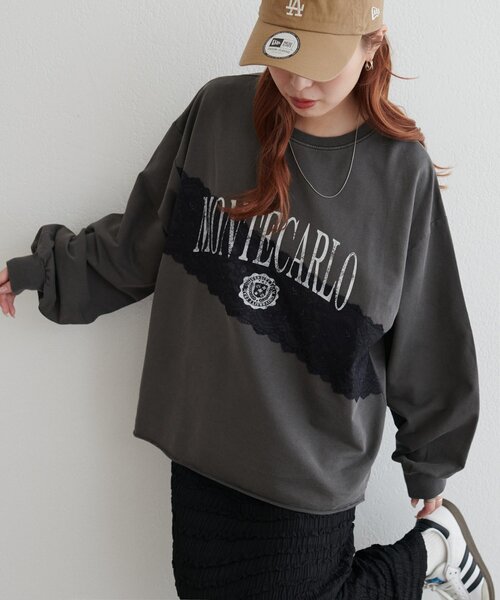 DISCOAT（ディスコート）の「【WEB限定】レースコンビ裏毛ロゴスウェット（Tシャツ/カットソー・レディース・チャコールグレー/ライトグレー/ベージュ・FREE）」の2枚目の写真