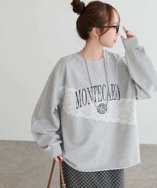 DISCOAT（ディスコート）の「【WEB限定】レースコンビ裏毛ロゴスウェット（Tシャツ/カットソー・レディース・チャコールグレー/ライトグレー/ベージュ・FREE）」の14枚目の写真