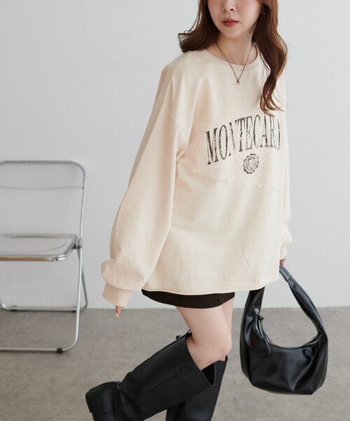 DISCOAT（ディスコート）の「【WEB限定】レースコンビ裏毛ロゴスウェット（Tシャツ/カットソー・レディース・チャコールグレー/ライトグレー/ベージュ・FREE）」の8枚目の写真
