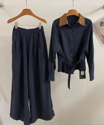【セットアップ】ベルト付きシャツ&ワイドフレアイージーパンツ