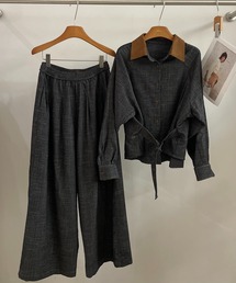 【セットアップ】ベルト付きシャツ&ワイドフレアイージーパンツ