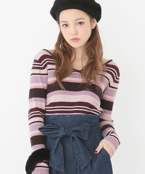 one after another NICE CLAUP(ワンアフターアナザーナイスクラップ)の「マルチボーダーVニット(ニット/セーター・レディース・ピンク系その他/マルチ/グリーン系その他・FREE)」の2枚目の写真