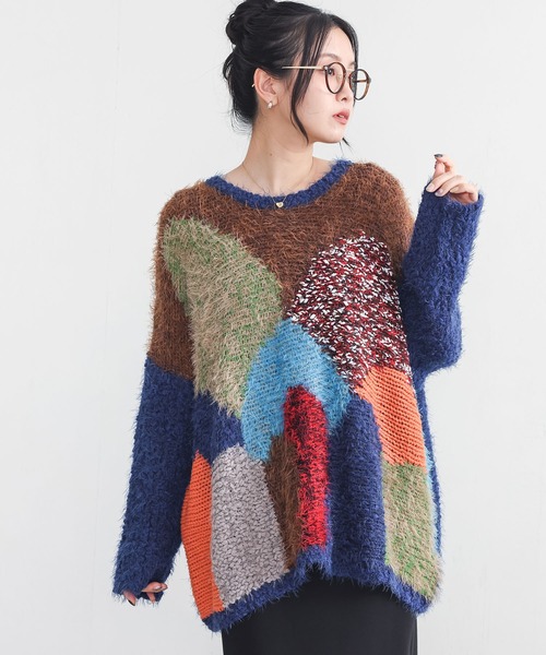 n'OrLABEL（ノアールレーベル）の「『カラフル配色×主役ニット』（ニット/セーター・レディース・ホワイト/ネイビー・FREE）」の2枚目の写真