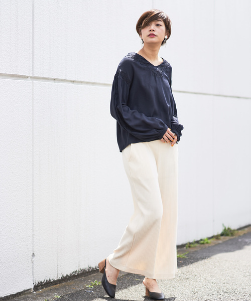 CIAOPANIC（チャオパニック）の「ランダムテレコワイドパンツ（その他パンツ・レディース・アイボリー/チャコールグレー・FREE）」の5枚目の写真