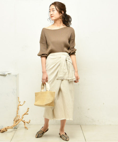 DouDou（ドゥドゥ）の「リネンラップスカート（スカート・レディース・ベージュ/グリーン・FREE）」の7枚目の写真