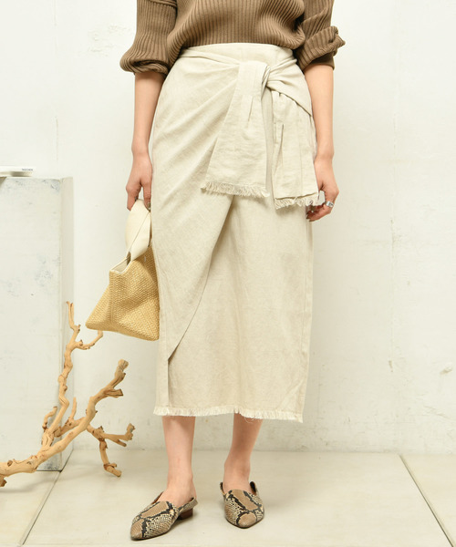 DouDou（ドゥドゥ）の「リネンラップスカート（スカート・レディース・ベージュ/グリーン・FREE）」の15枚目の写真