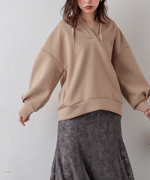 natural couture（ナチュラルクチュール）の「ダンボールニットコクーンパーカー（パーカー・レディース・ブラック/ベージュ/カーキ/ブルー/グレイッシュベージュ・FREE）」の14枚目の写真