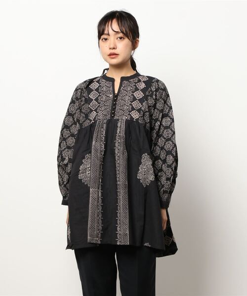 チャイハネ（チャイハネ）の「【チャイハネ】ブロックプリント ビブレトップス（シャツ/ブラウス・レディース・ホワイト/ブラック/ブラウン・FREE）」の9枚目の写真