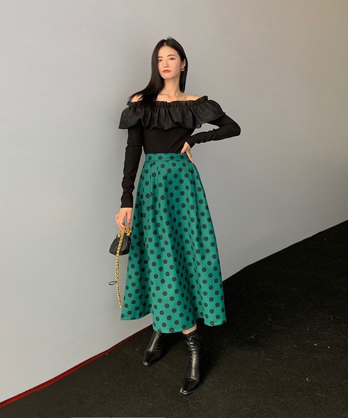 Leja（レジャ）の「ドットフレアロングスカート（スカート・レディース・ベージュ/ブラウン/グリーン・SMALL/MEDIUM）」の3枚目の写真