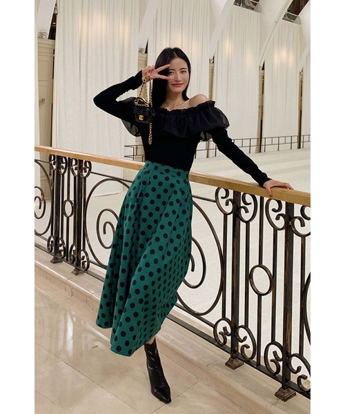 Leja（レジャ）の「ドットフレアロングスカート（スカート・レディース・ベージュ/ブラウン/グリーン・SMALL/MEDIUM）」の4枚目の写真