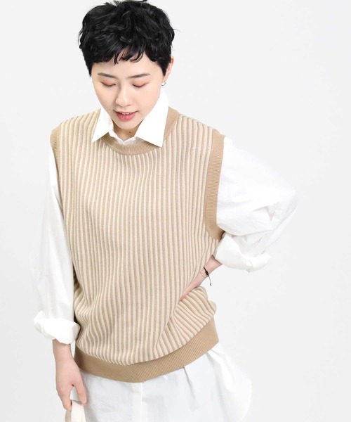 HONEYSUCKLE ROSE(ハニーサックルローズ)の「【HONEYSUCKLE ROSE】ストライプベスト(ベスト・レディース・ベージュ/グリーン・L/M)」の1枚目の写真