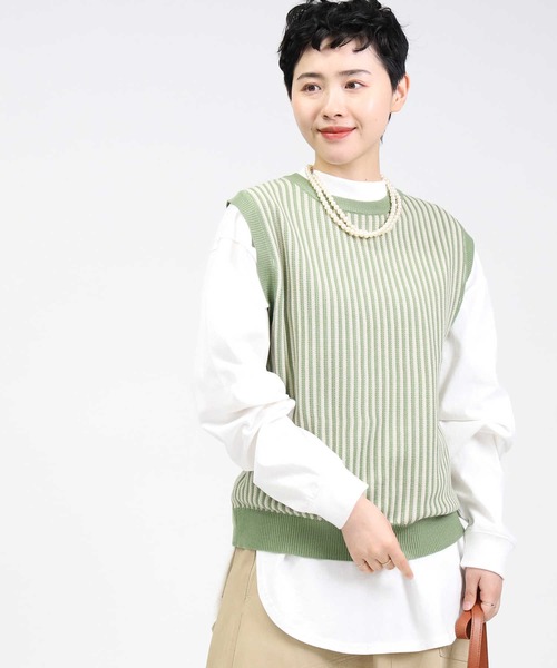 HONEYSUCKLE ROSE(ハニーサックルローズ)の「【HONEYSUCKLE ROSE】ストライプベスト(ベスト・レディース・ベージュ/グリーン・L/M)」の2枚目の写真