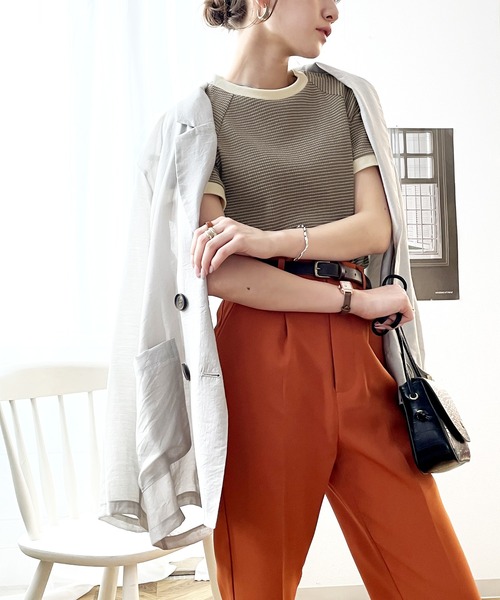 classicalelf(クラシカルエルフ)の「大人可愛いカジュアル。綿100%、ラグラン細ボーダーリンガーTシャツ(Tシャツ/カットソー・レディース・イエロー/オレンジ/モカ/グリーン系その他・SMALL/MEDIUM/LARGE/X-LARGE)」の16枚目の写真