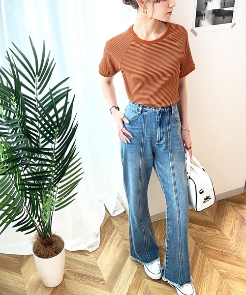 classicalelf(クラシカルエルフ)の「大人可愛いカジュアル。綿100%、ラグラン細ボーダーリンガーTシャツ(Tシャツ/カットソー・レディース・イエロー/オレンジ/モカ/グリーン系その他・SMALL/MEDIUM/LARGE/X-LARGE)」の7枚目の写真