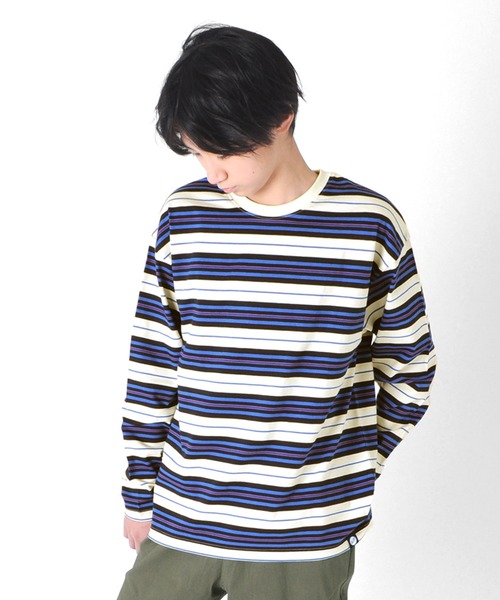 GLAZOS(グラソス)の「天竺・ドロップショルダーマルチボーダー長袖Tシャツ(Tシャツ/カットソー・キッズ・イエロー/キナリ/グリーン・130cm/170cm/150cm/140cm/160cm)」の2枚目の写真