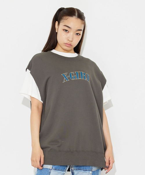 X-girl（エックスガール）の「CUT OFF SWEAT TANK TOP（タンクトップ・レディース・アッシュ/バーガンディー/チャコール・M/S）」の2枚目の写真