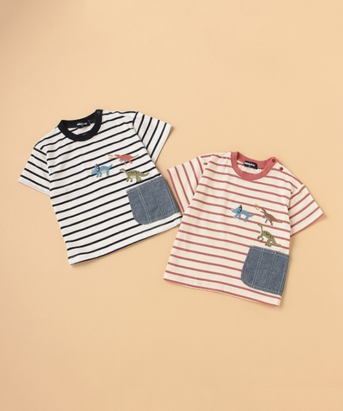 kladskap（クレードスコープ）の「恐竜刺しゅうボーダー半袖Tシャツ（Tシャツ/カットソー・キッズ・オフホワイト/レッド/マスタード/グリーン・90cm/100cm/130cm/110cm/120cm/80ｃｍ）」の10枚目の写真