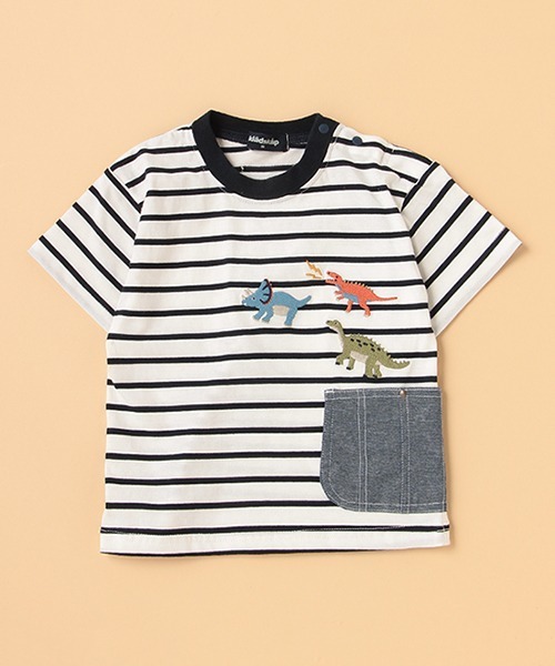 kladskap（クレードスコープ）の「恐竜刺しゅうボーダー半袖Tシャツ（Tシャツ/カットソー・キッズ・オフホワイト/レッド/マスタード/グリーン・90cm/100cm/130cm/110cm/120cm/80ｃｍ）」の16枚目の写真