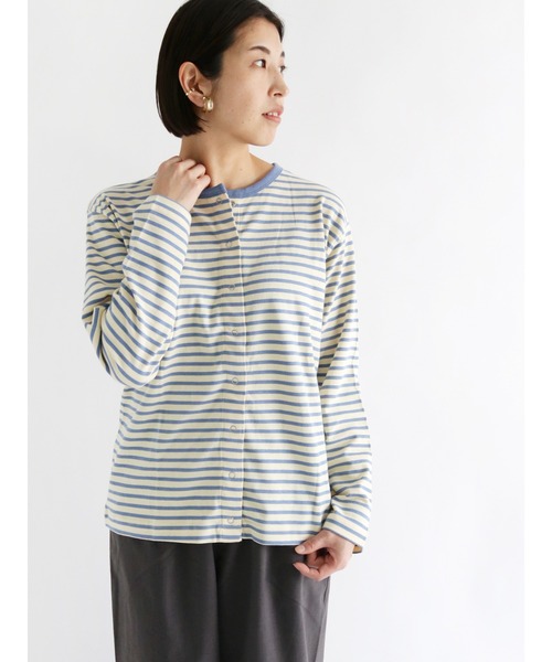 Lugnoncure(ルノンキュール)の「クルーネックボーダーカーディガン(カーディガン/ボレロ・レディース・サックスブルー/オレンジ/ブルー・フリ-)」の1枚目の写真