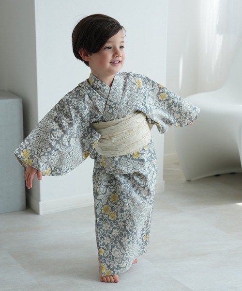 りらん ウタタネ utatane 七五三 七歳用 キッズ浴衣3点セット 男の子 utatane×注染工房 グレーに黄色の