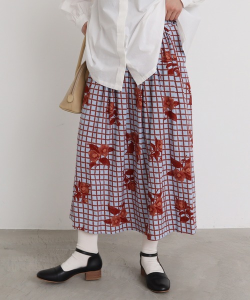 ビュルデサボン　椿　ロング　ラップ　スカート　フリー　ブルー　花　imari ビュルデサボン 椿 ロング ラップ スカート フリー ブルー 花