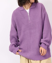 Revo. 畦編み 5G ハーフジップ LSニットポロ