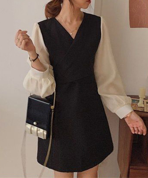 c.u.l(シーユーエル)の「ブラウス レイヤード風ミニワンピース culw365(ワンピース・レディース・ベージュ/ブラック・M/L)」の1枚目の写真